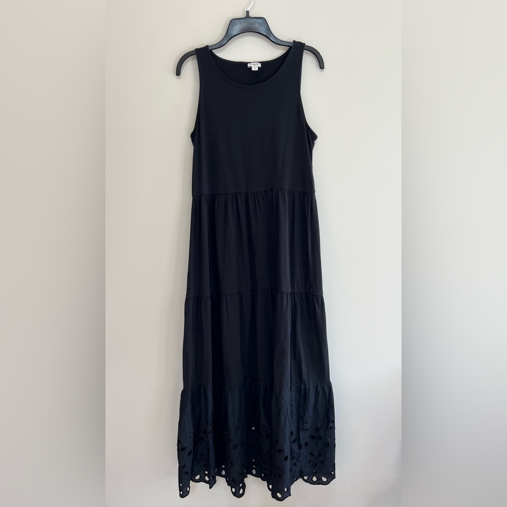 J. Crew Cotton Tiered Knit Maxi Sleeveless Dress with Eyelet Trim, Black, S - Picture 2 of 7